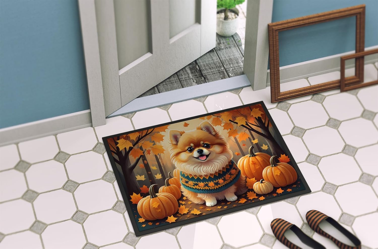 Caroline’s Treasures DAC1062MAT – Tapete de otoño con pomerania de 18 x 27 pulgadas, para interiores y exteriores, para entrada, antideslizante,