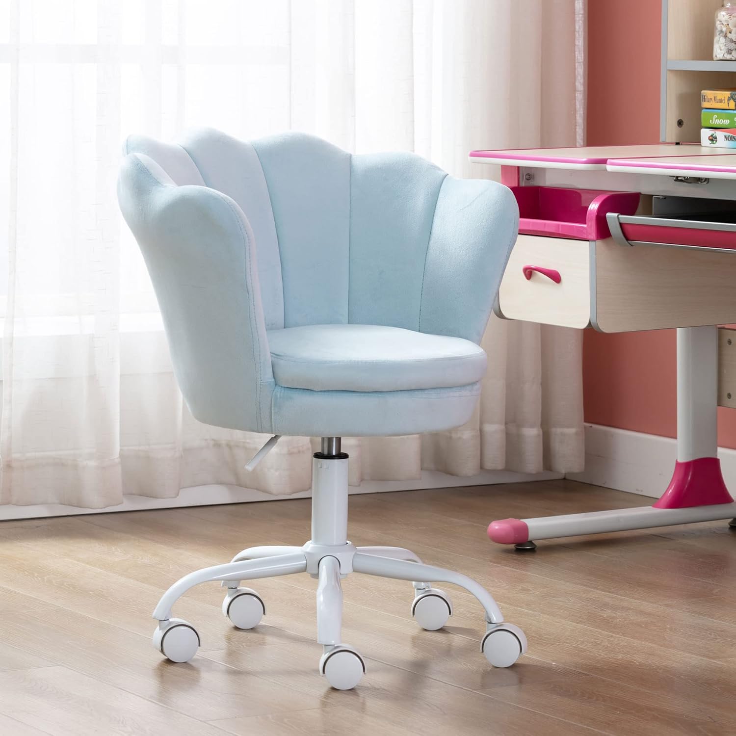 Silla de escritorio de terciopelo para niños, bonita silla de computadora moderna tapizada, con brazo giratorio, silla de tocador ajustable para