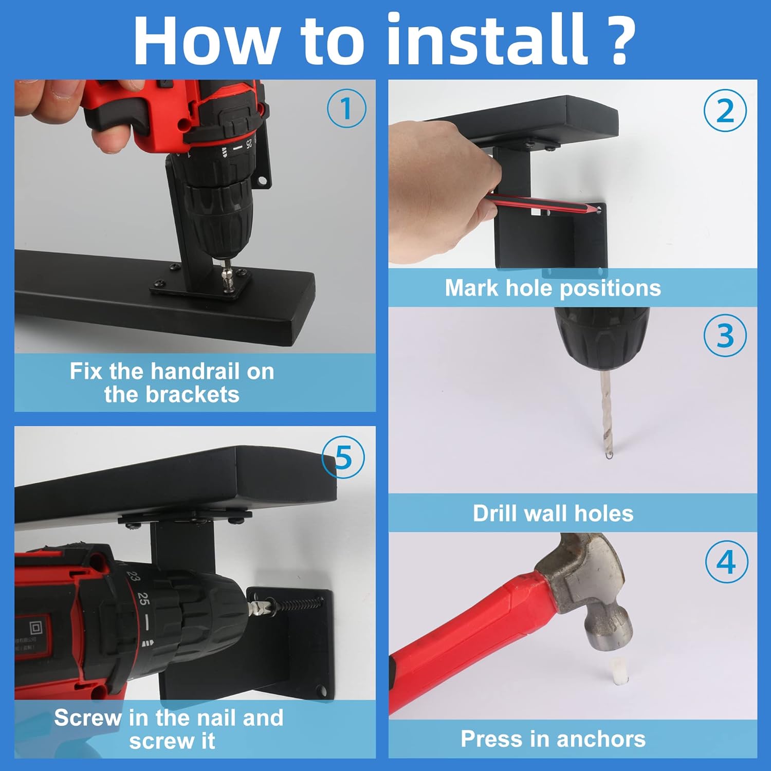 Barandilla moderna de 3 pies  Kit completo. Revestimiento de polvo negro de hierro galvanizado negro con 2 soportes de pared para escaleras
