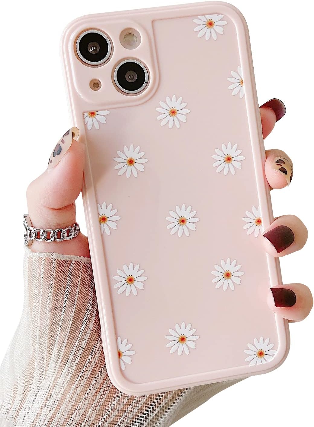 ZTOFERA Funda trasera de TPU para iPhone 13, funda de silicona suave y brillante con patrón de margaritas, linda funda protectora delgada y ligera