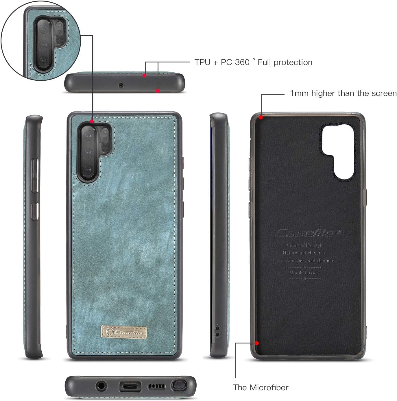 Funda tipo cartera para Samsung Galaxy Note 10 Plus, 2 en 1, de piel duradera, magnética, desmontable, con ranuras para tarjetas, cremallera y funda