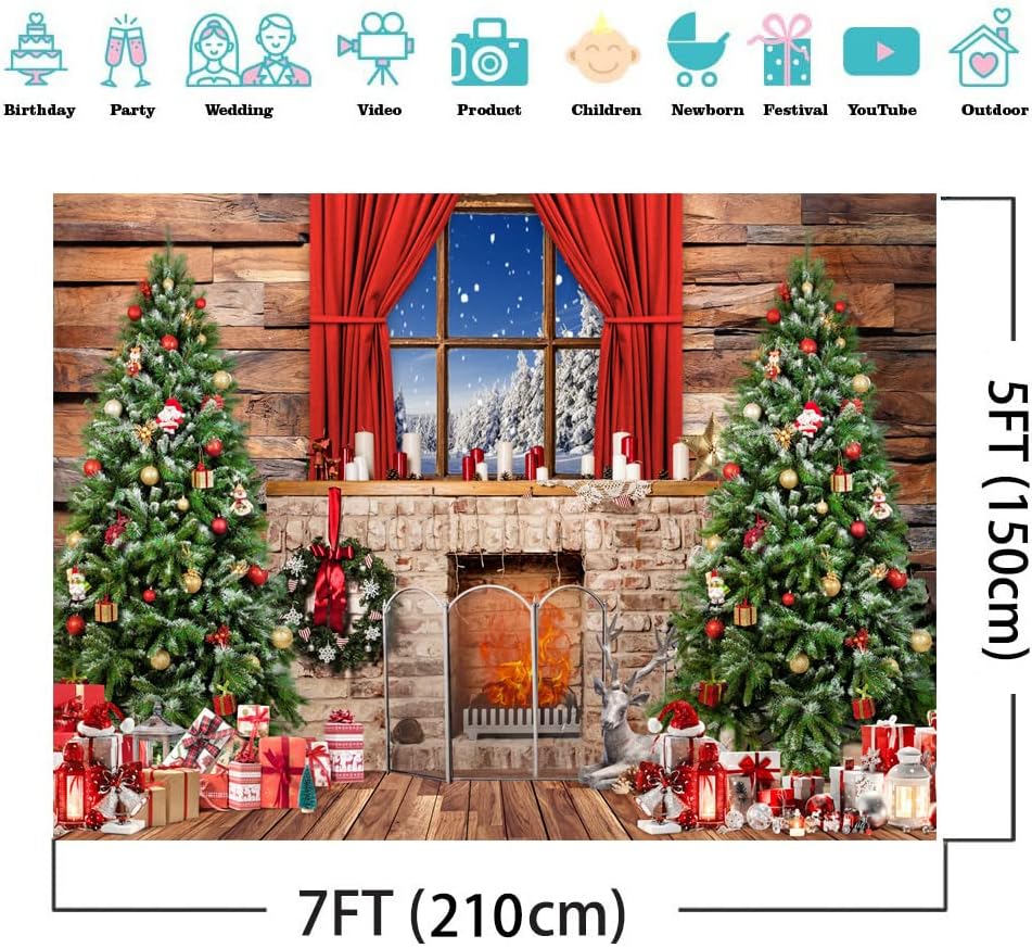 AIIKES Telón de fondo de Navidad de 7 x 5 pies para fotografía de madera de Navidad, ventanas, árbol de Navidad, regalos de árbol de Navidad, telón