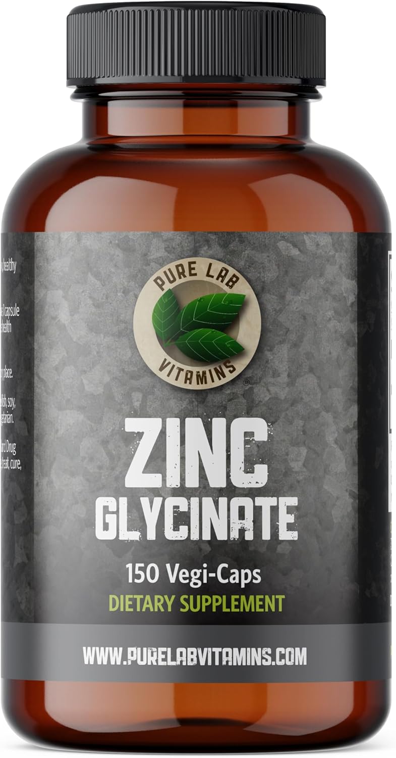 Suplemento de glicinato de zinc de 23 mg  150 cápsulas veganas por Pure Lab Vitamins  Sal de aminoácidos para una piel y uñas saludables  Apoya el