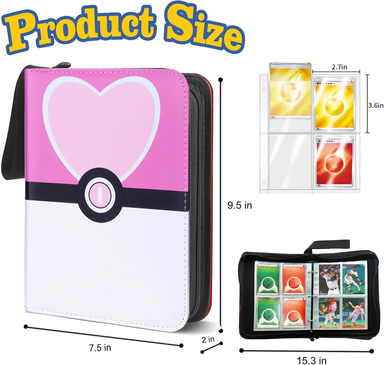 Carpeta de tarjetas coleccionables de 4 bolsillos para niñas, portatarjetas, 4 bolsillos, 50 fundas extraíbles, 400 tarjetas con cremallera,
