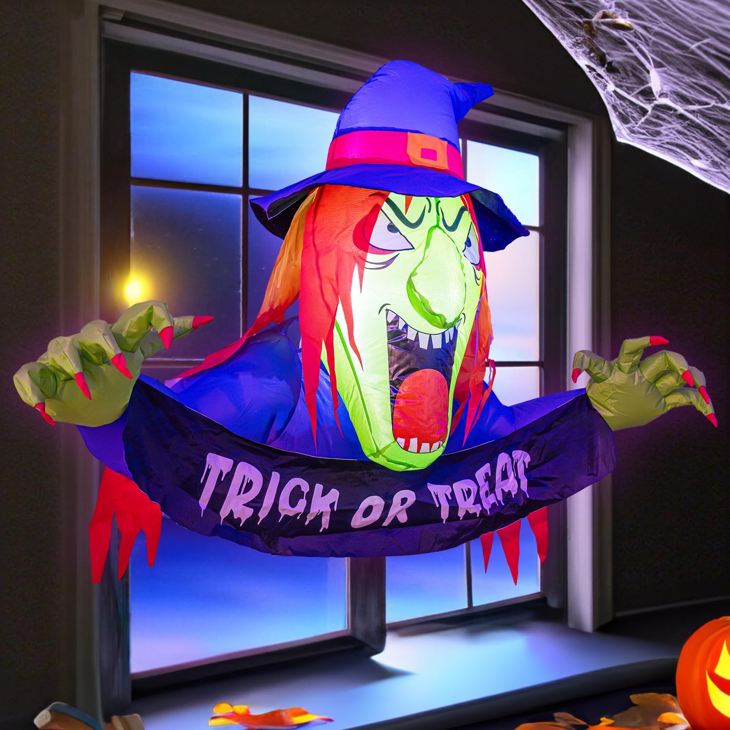 Dazzle Bright Bruja inflable de Halloween de 3.5 pies, decoración de ventana de Halloween con LED integrado para fiestas, interiores y exteriores,