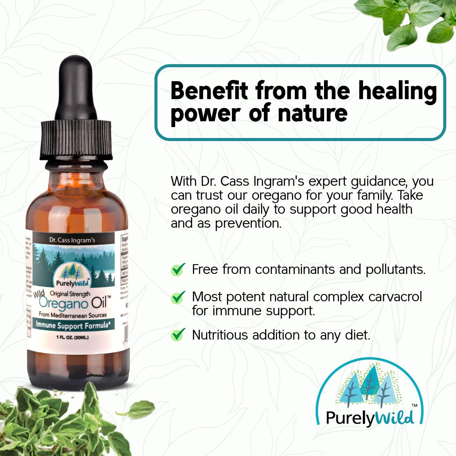 PURELY WILD Aceite de orégano de fuentes mediterráneas  Fórmula de apoyo inmunológico original del Dr. Cass Ingram de orégano  Aceite orgánico de
