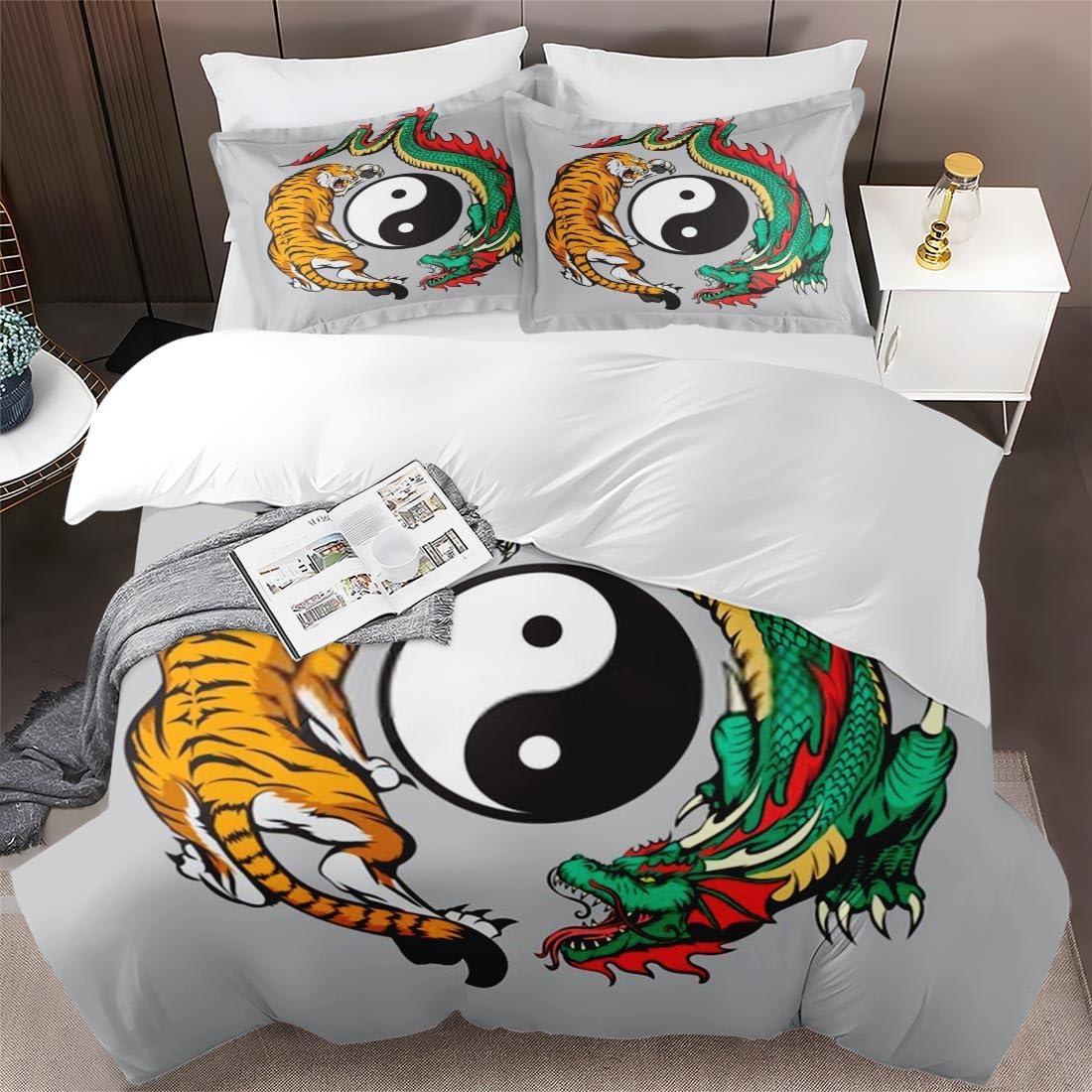 Juego de funda de edredón, juego de ropa de cama china japonesa de tigre dragón para niños y adultos, decoración de dormitorio de animales