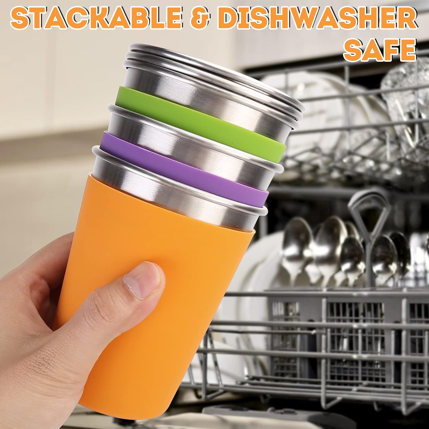Vasos de acero inoxidable para niños, vasos de metal de 12 onzas con tapas y mangas, vasos irrompibles a prueba de derrames para niños y adultos,
