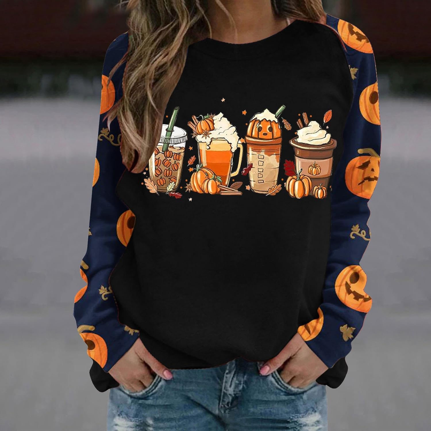 Sudadera de otoño de Acción de Gracias para mujer, moderna con bloques de color, manga larga, raglán, linda sudadera con estampado de calabaza y