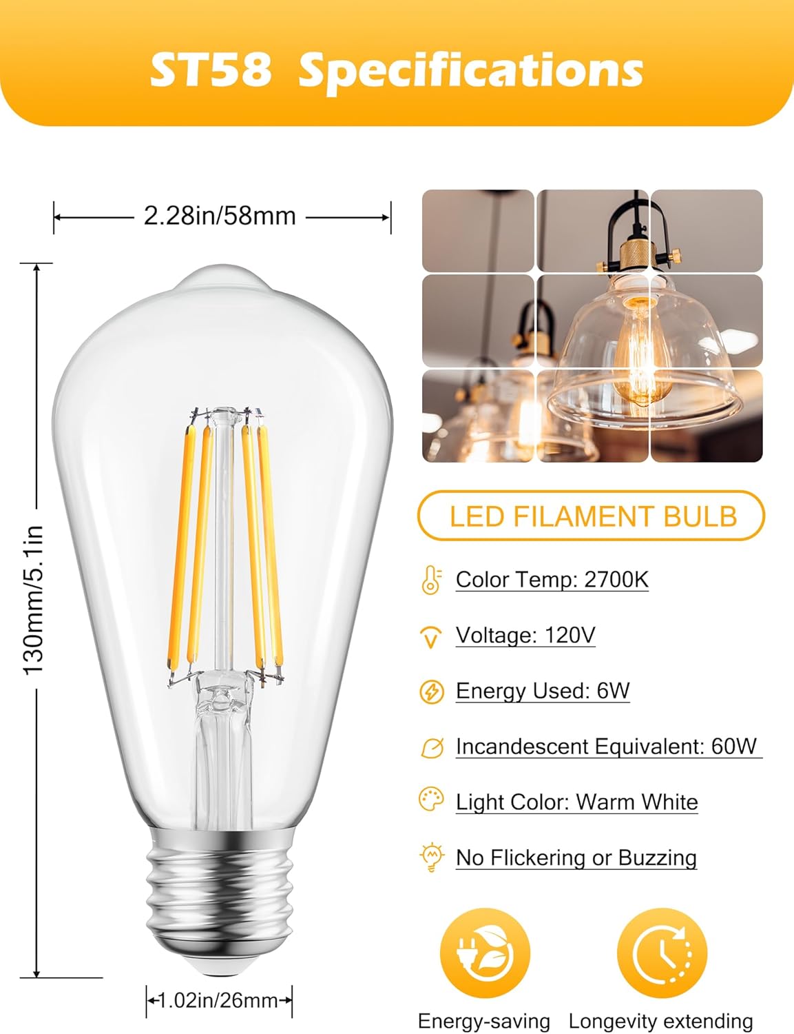 Paquete de 4 bombillas LED Edison vintage equivalentes a 6 W, bombillas de filamento LED antiguas con CRI de 80+, base media E26, blanco cálido 2700
