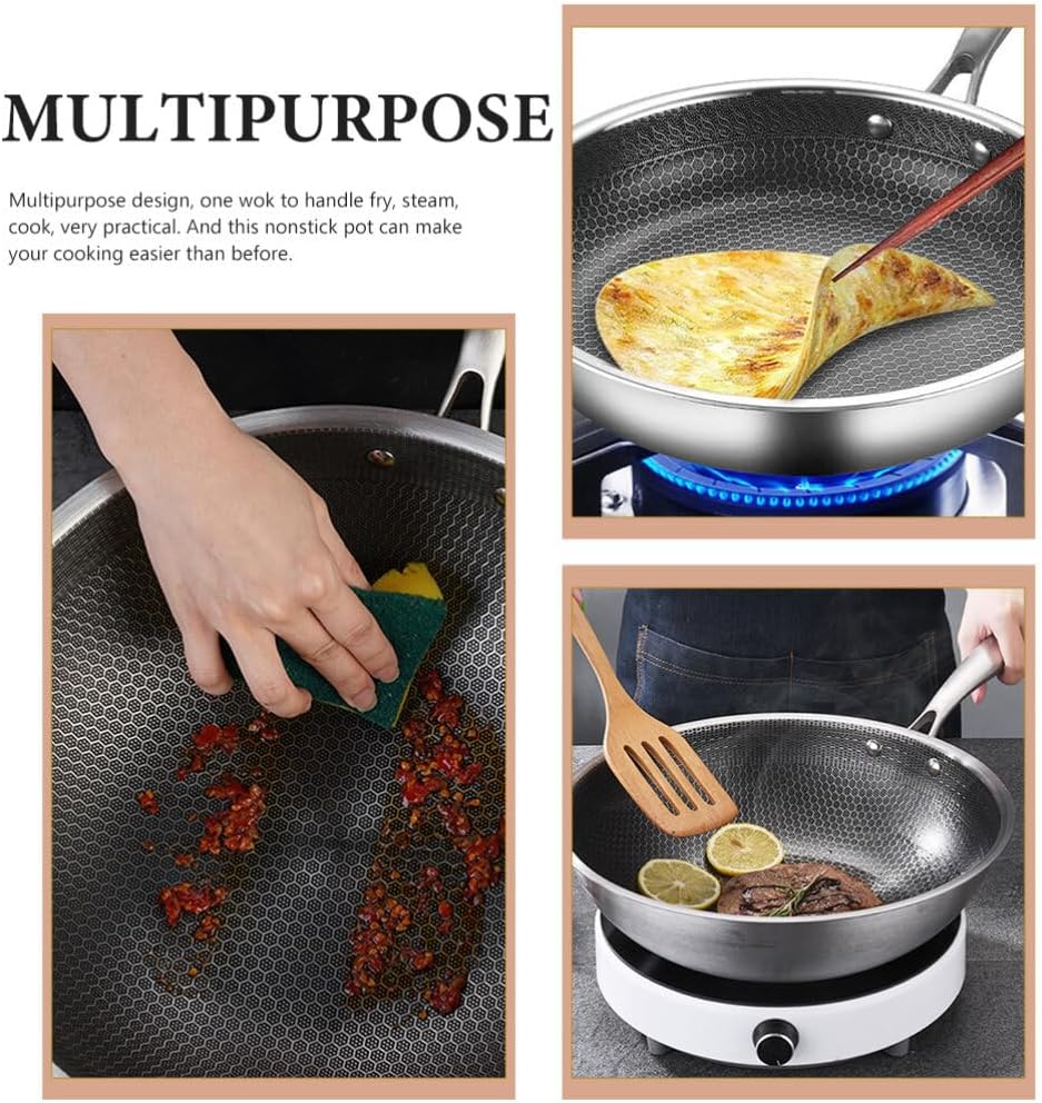 Veemoon Wok Woks de acero inoxidable para estufa de inducción, sartén para wok, sartén china antiadherente con asa, sartén para mariscos, sartén