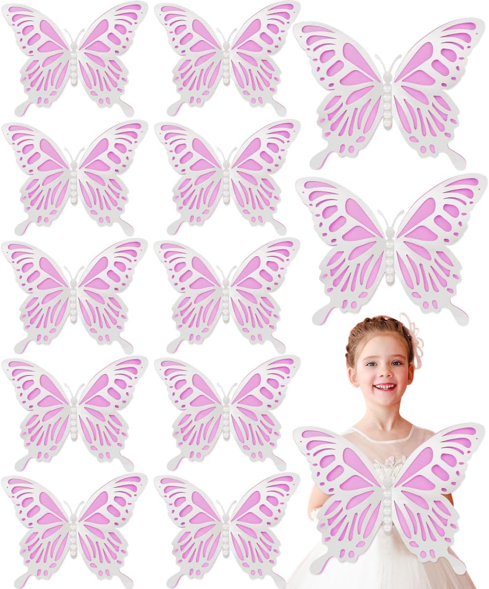 HMASYO 12 piezas de decoración de fiesta de mariposa grande con perlas, mariposas de papel grandes moradas en 2 tamaños, decoración de mariposa