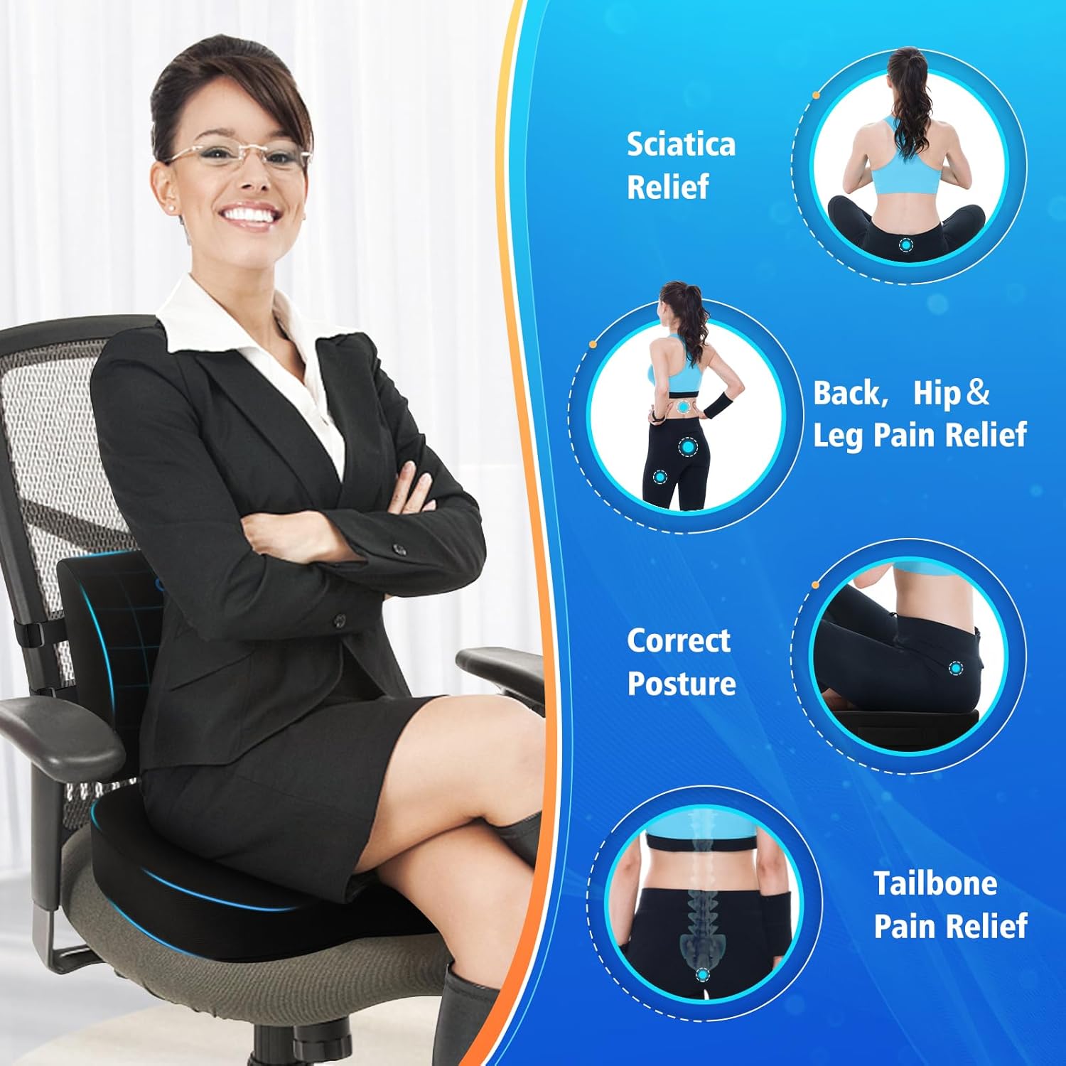 CushZone Cojín de asiento, almohada de apoyo lumbar con correa ajustable, cojines para silla para aliviar el dolor de ciática, con funda lavable