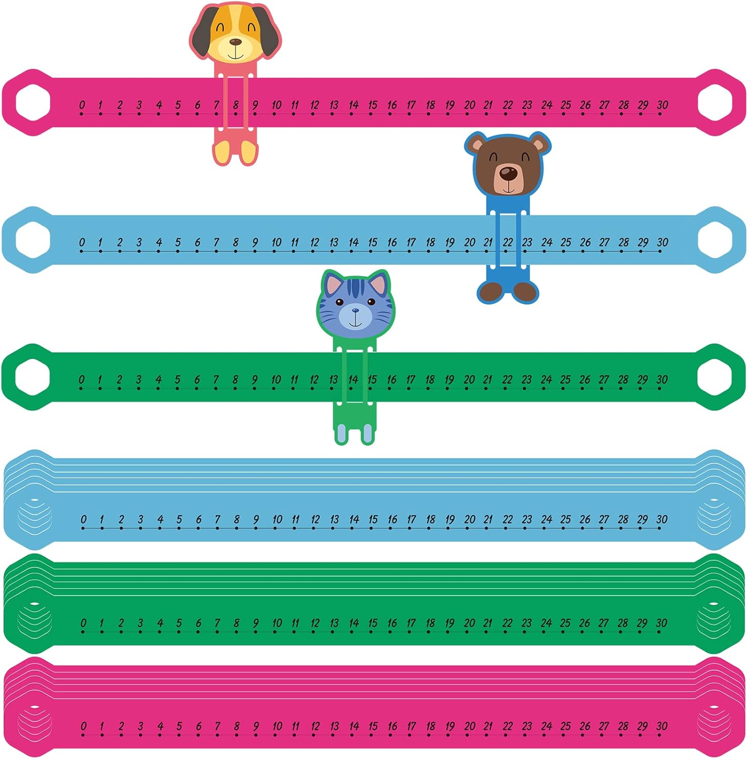 24 piezas de línea numérica de PVC de 16.5 x 1.5 pulgadas para estudiantes, línea numérica de 0 a 30 matemáticas enteros positivos de animales,