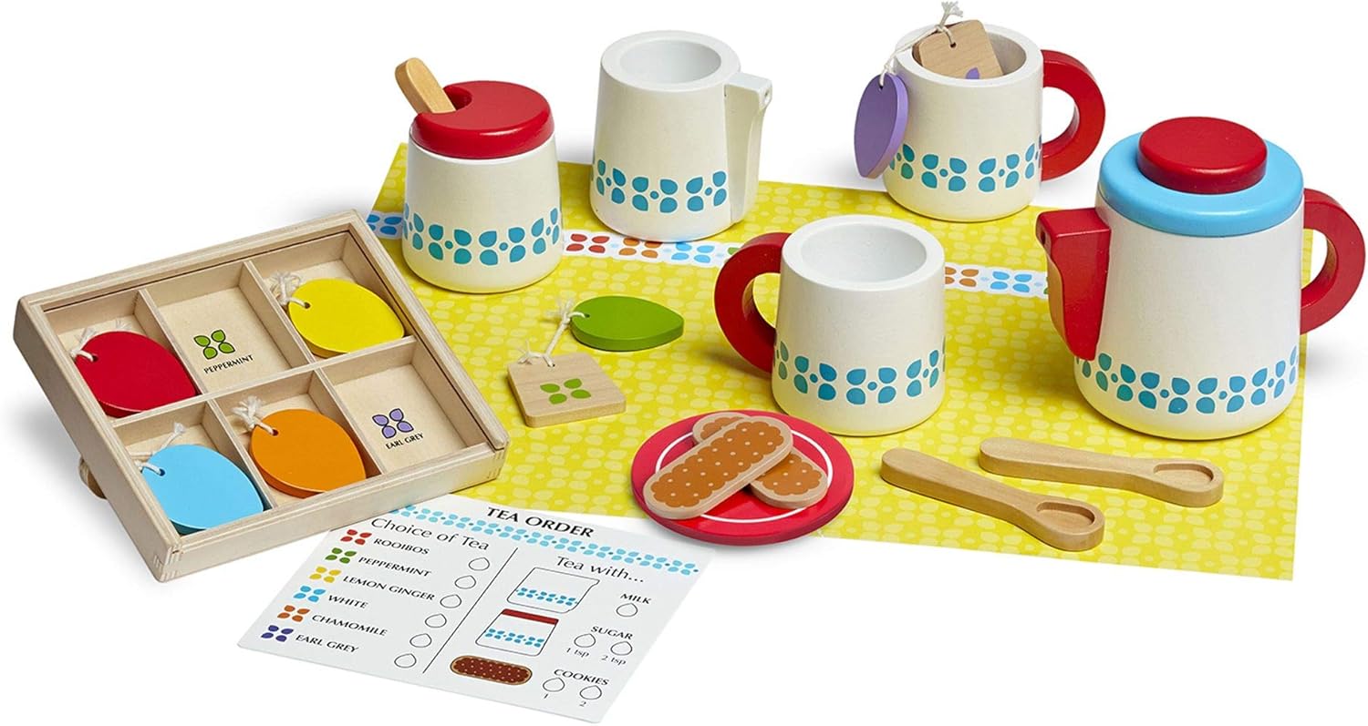 Melissa & Doug Steep & Serve – Juego de té de juguete de madera  Juguetes de madera  Juego de simulación  Comida para jugar  3+  Regalo para niño o