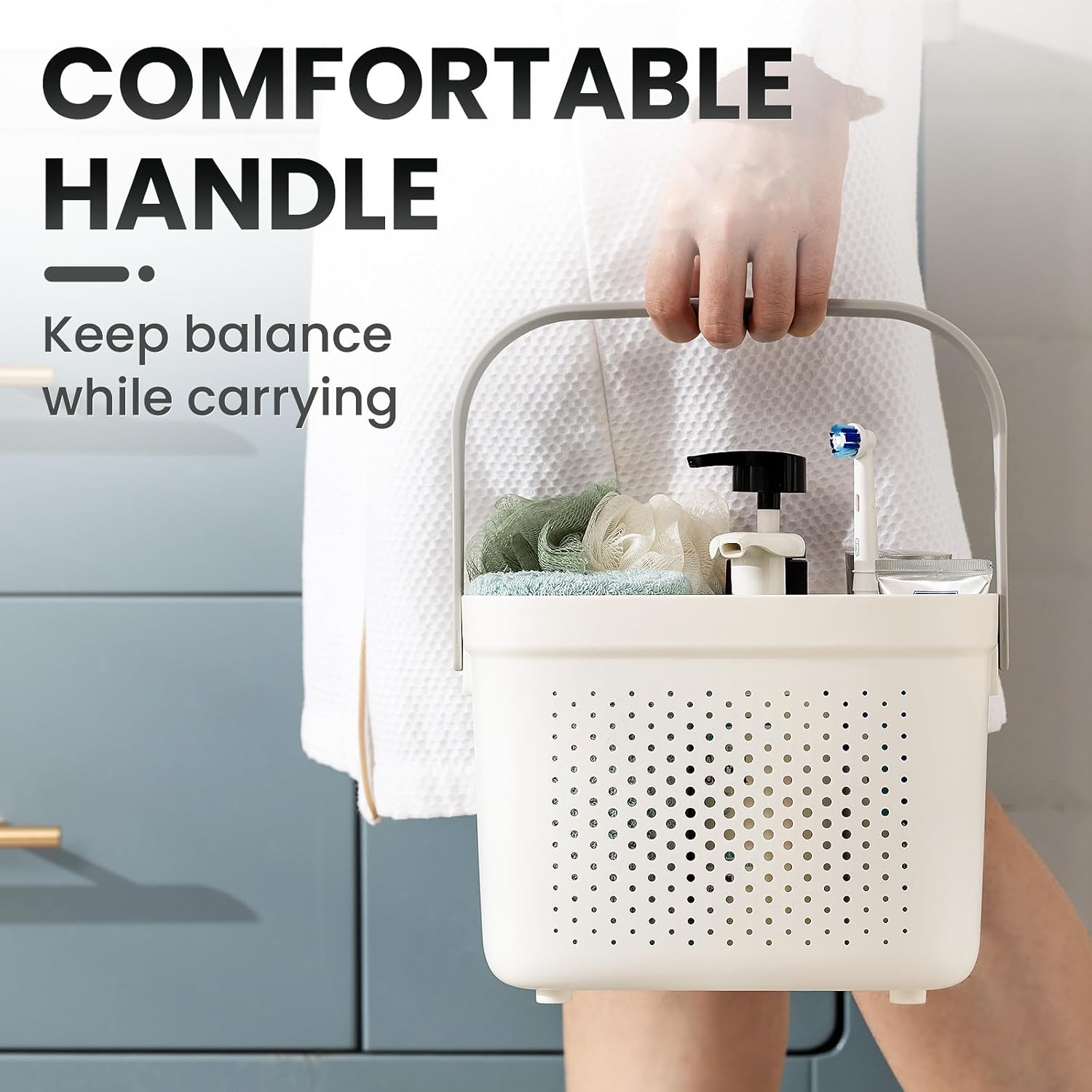 TAILI Cestas de almacenamiento de plástico con asas, organizador de estante de ducha, cesta de ducha portátil para baño, cocina, dormitorio, gris