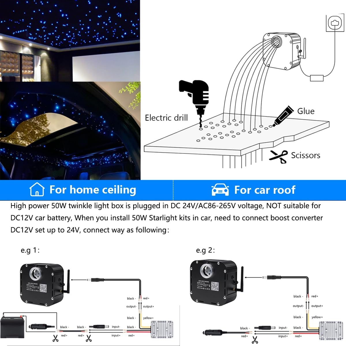 AZIMOM Kits de luz de estrellas de fibra óptica centelleante de alto brillo de 50 W, 800 piezas, hebras de fibra de 16.5 pies, brillo final,