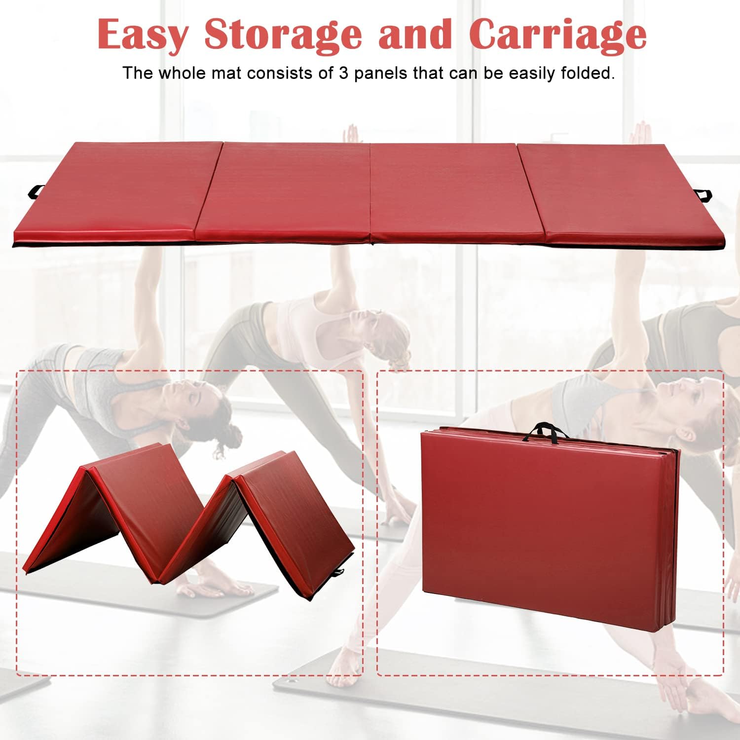 Tapete de gimnasia plegable de 4 x 8 x 2 pulgadas, extra grueso de alta densidad antidesgarro con asas de transporte, cierre de gancho y bucle,