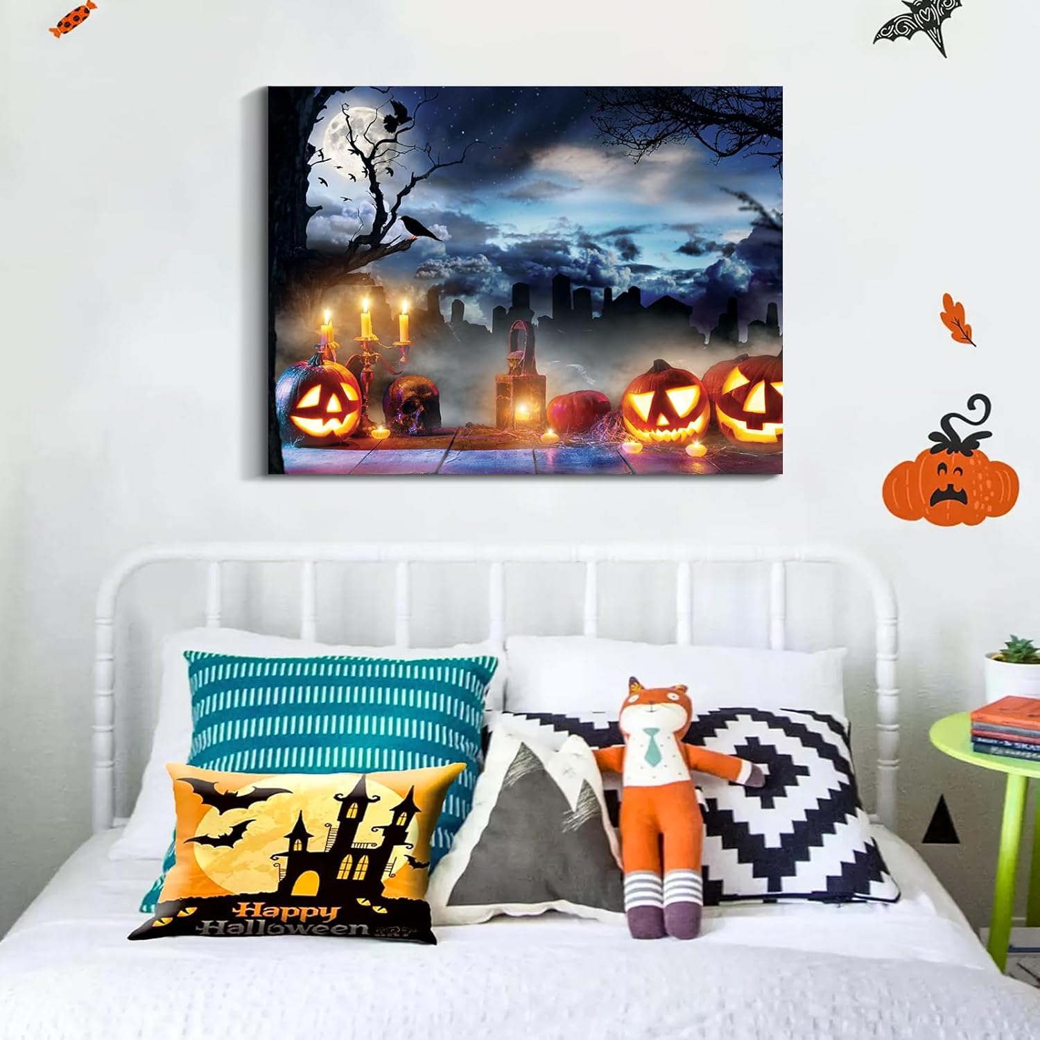 Denozer – Lienzo decorativo para pared con imágenes temáticas de Halloween, decoración de pared de calabaza iluminada, decoración de pared del hogar