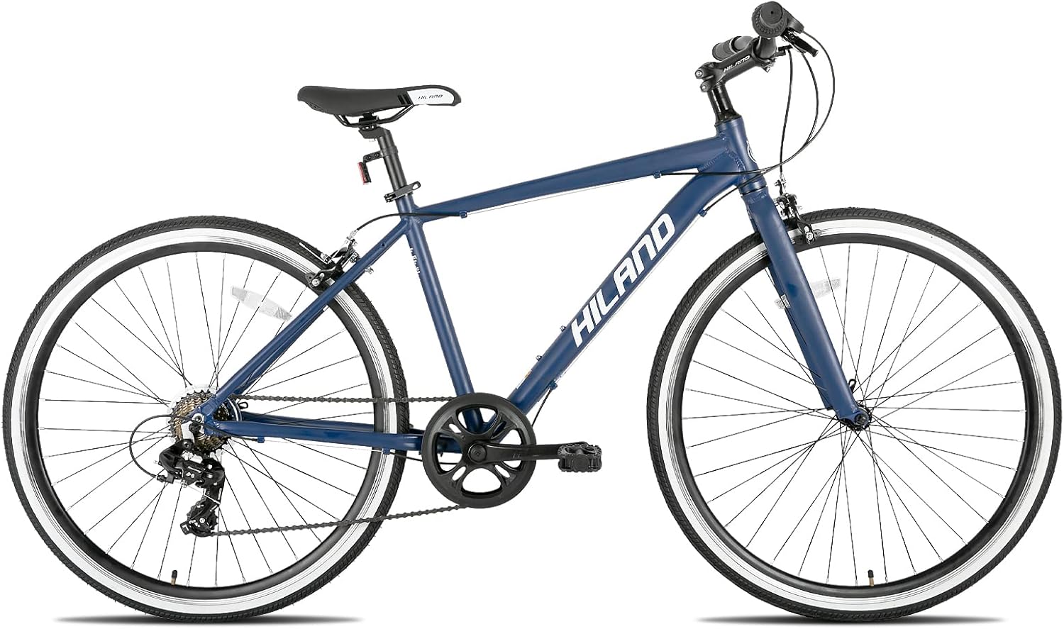 Hiland – Bicicleta híbrida para hombre y mujer, marco de paso o paso a través, ruedas 700C, bicicleta urbana Shimano Drivetrain de 7 velocidades