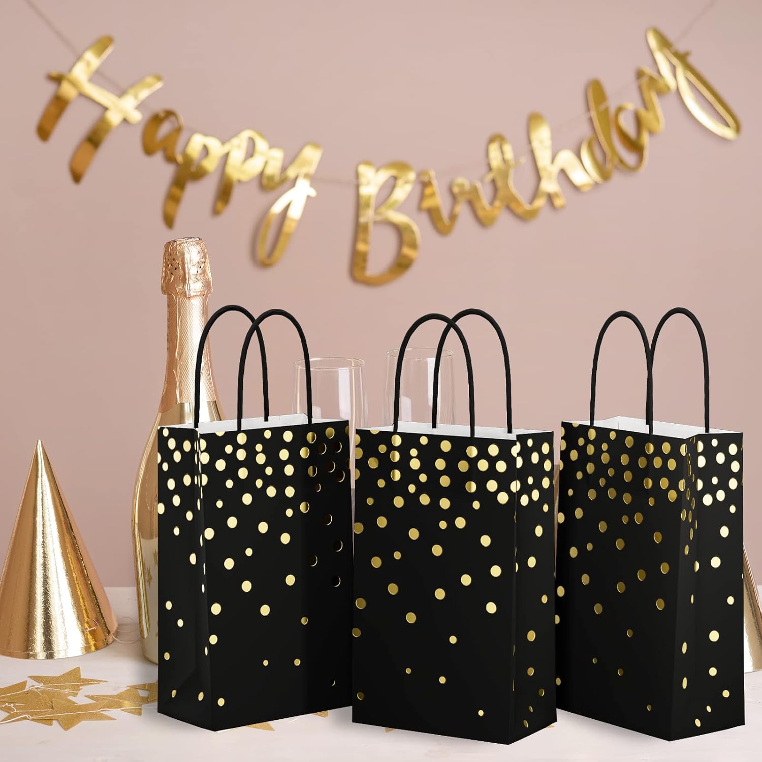ECOHOLA Bolsas de regalo de papel de aluminio negro y dorado con asas negras, 25 piezas de lunares metálicos dorados para regalos, minoristas,