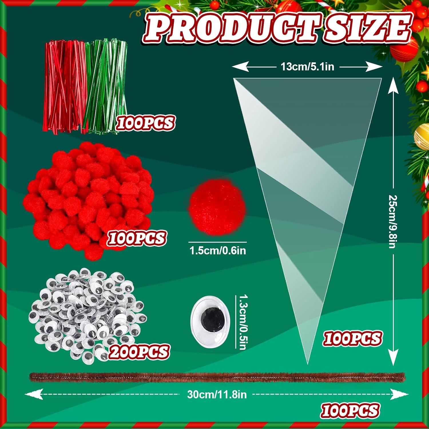 Whaline Juego de 500 bolsas de cono de Navidad transparentes, tallos de felpilla marrón, bolas de pompón rojo y ojos ondulados, juego de limpiadores