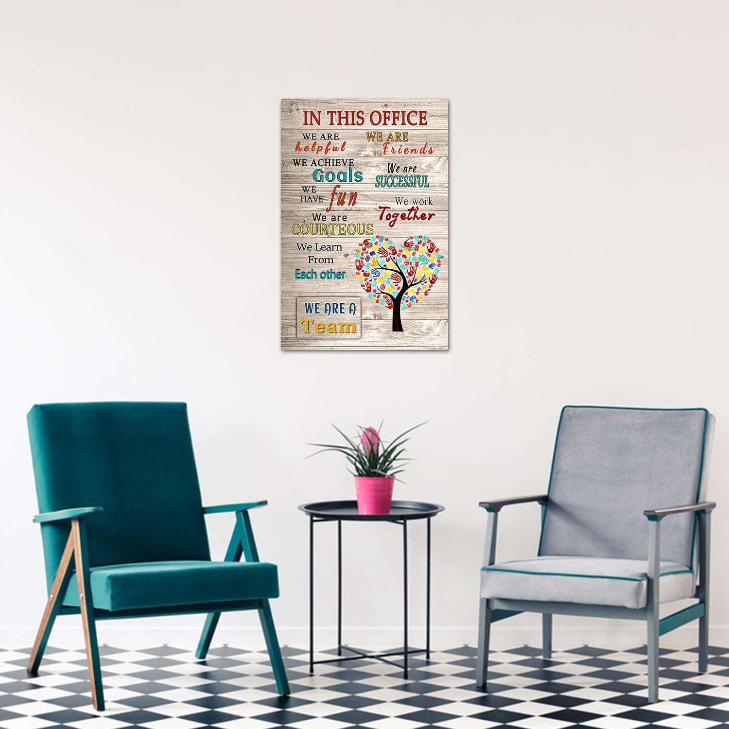 WHAOMIOT Póster inspirador para pared, decoración de pared positiva de oficina, lienzo impreso con texto en inglés In This Office We Are A Team con