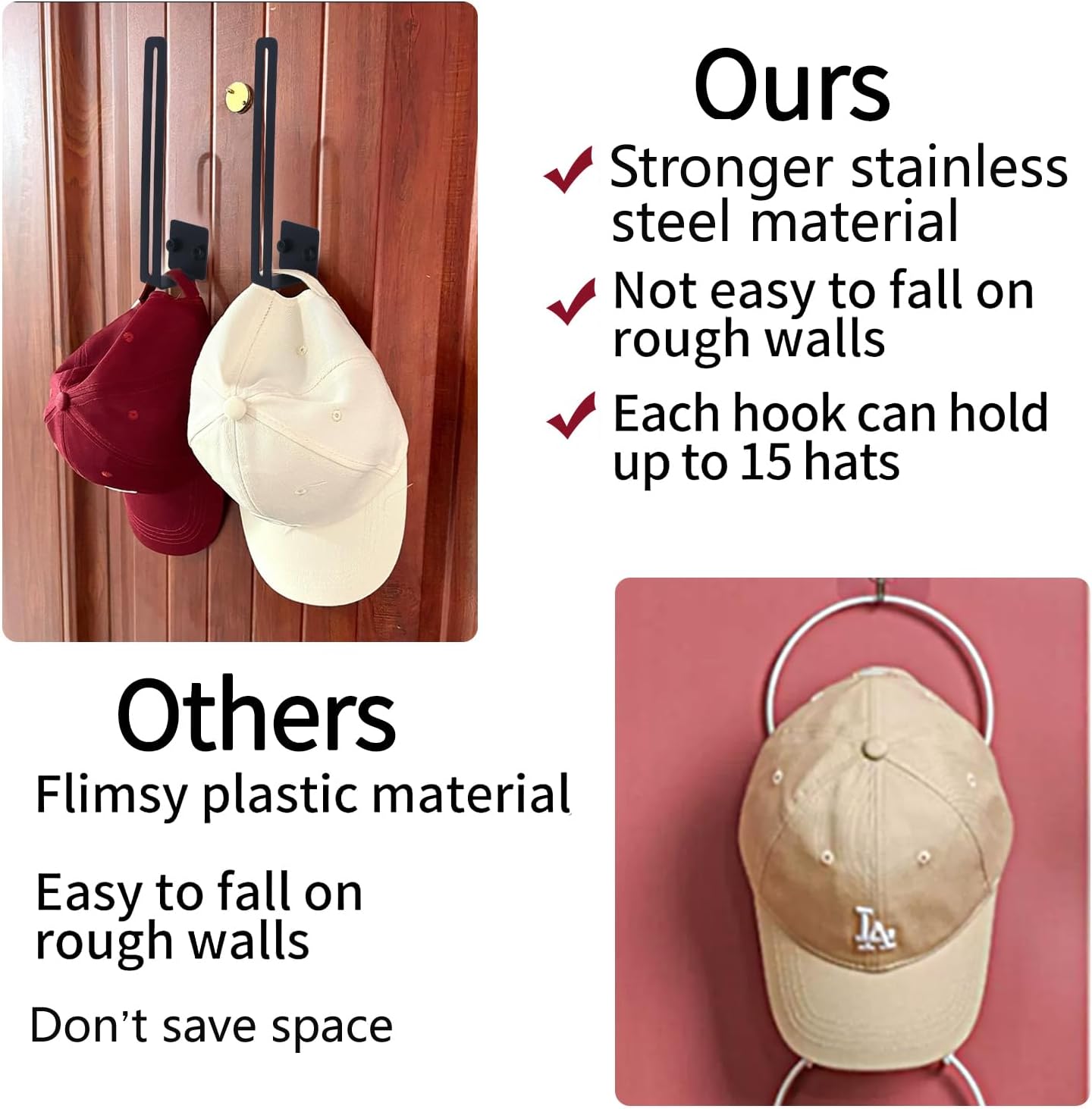SYXUPUMI Paquete de 2 estantes para sombreros para pared de gorras de béisbol, organizador adhesivo para gorras de béisbol, soporte para sombreros