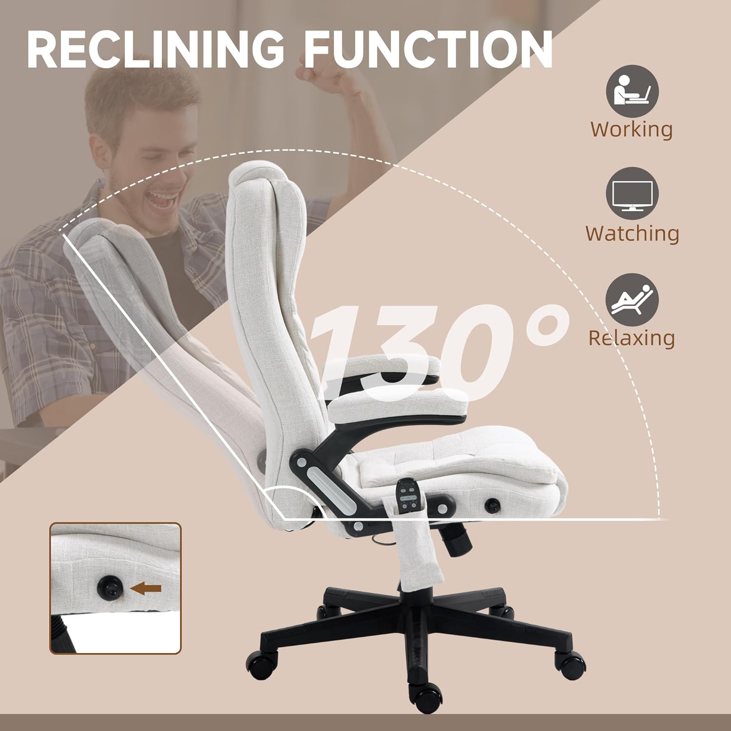 HOMCOM Silla de oficina de masaje vibratorio de 6 puntos con calor, silla de oficina ejecutiva de lino con respaldo alto y respaldo reclinable,