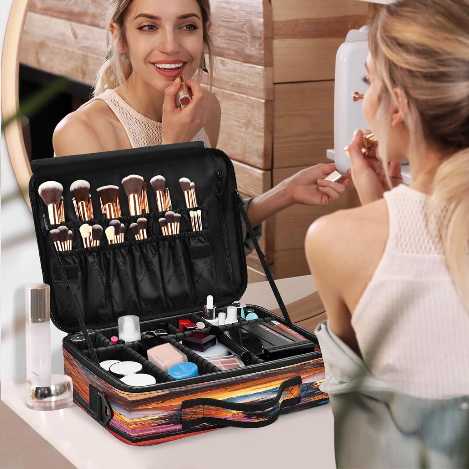 Bolsa de maquillaje de arte de ratón y flor, bolsa de cosméticos portátil, kit de viaje, bolsa organizadora, estuche de tren, bolsa de maquillaje,