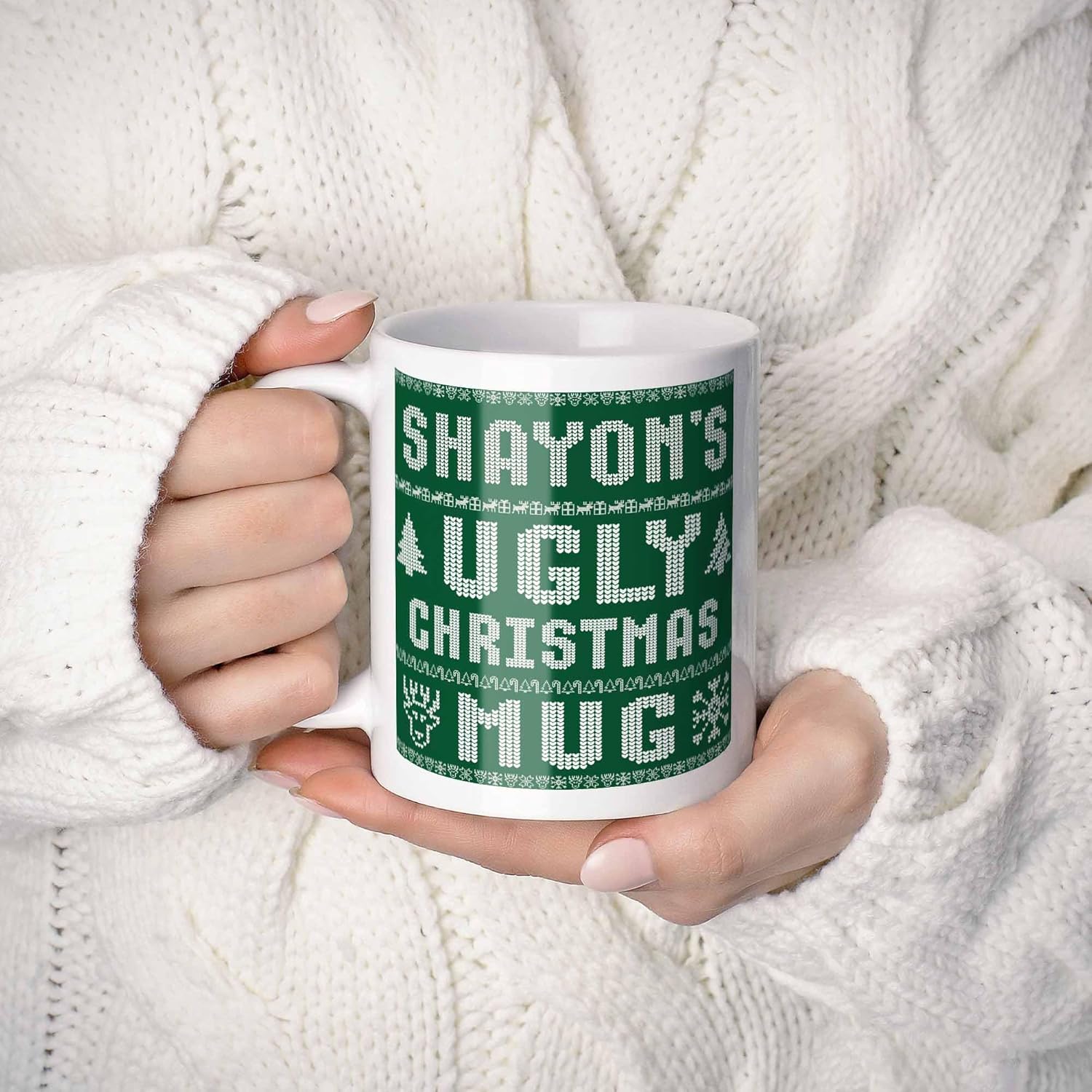 Shayon Name Christmas Gift. Personalized Ugly Christmas Sweater Coffee Mug. Funny Custom Xmas Gift, Stocking Stuffer For Friends, Coworkers And