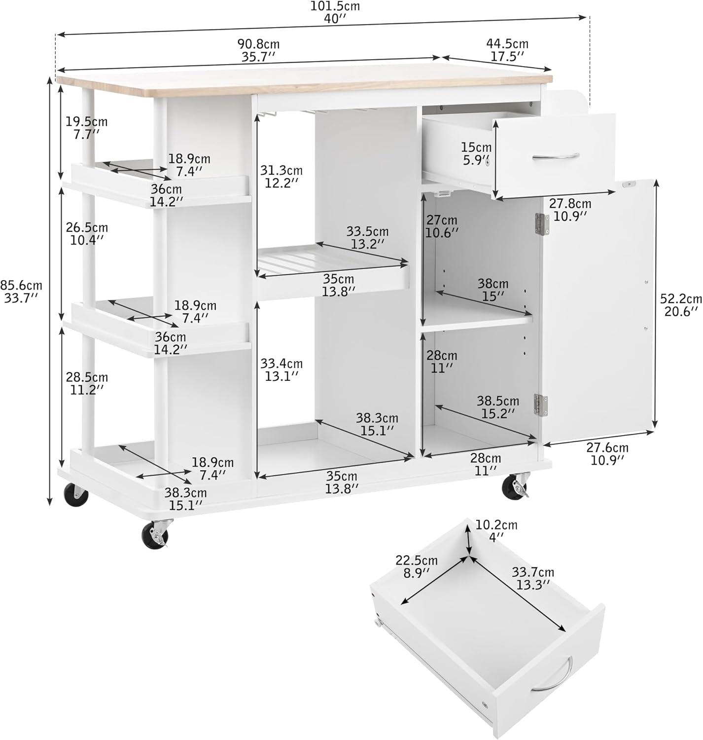 Carrito de cocina multiusos con gabinete de almacenamiento, cajón, estante ajustable y gancho lateral, isla de cocina rodante sobre 5 ruedas con