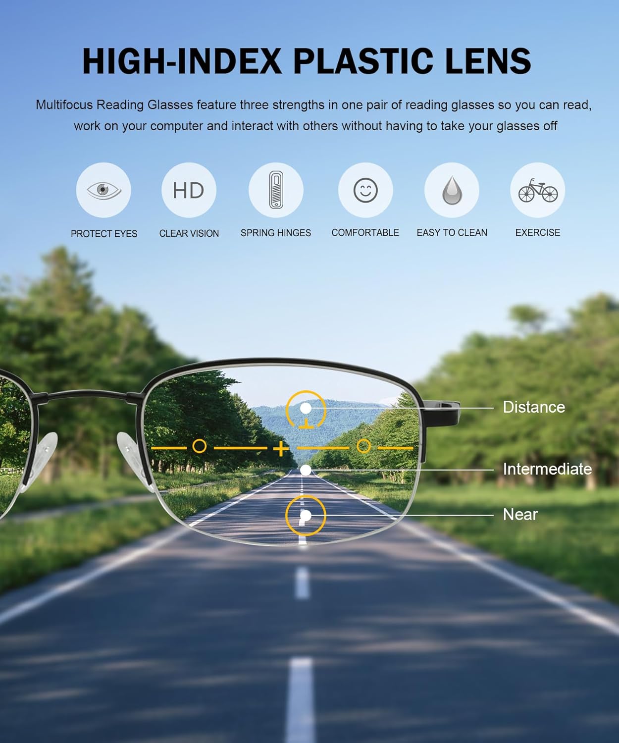 Eyekepper Lentes de lectura progresivos con protección UV de medio borde, 3 niveles, multienfoque, para hombres y mujeres, marco de memoria flexible