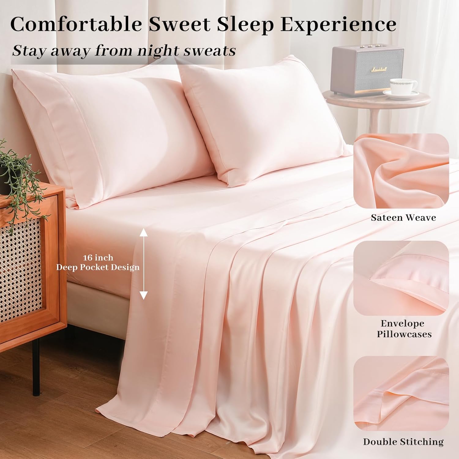 Bedlifes Full Size Sheet Set Cooling Sheets Rayon Derived from Bamboo-400TC Breathable Luxury Bed Sheets,Sateen Silky Bedding Sheets-16 Deep Pocket