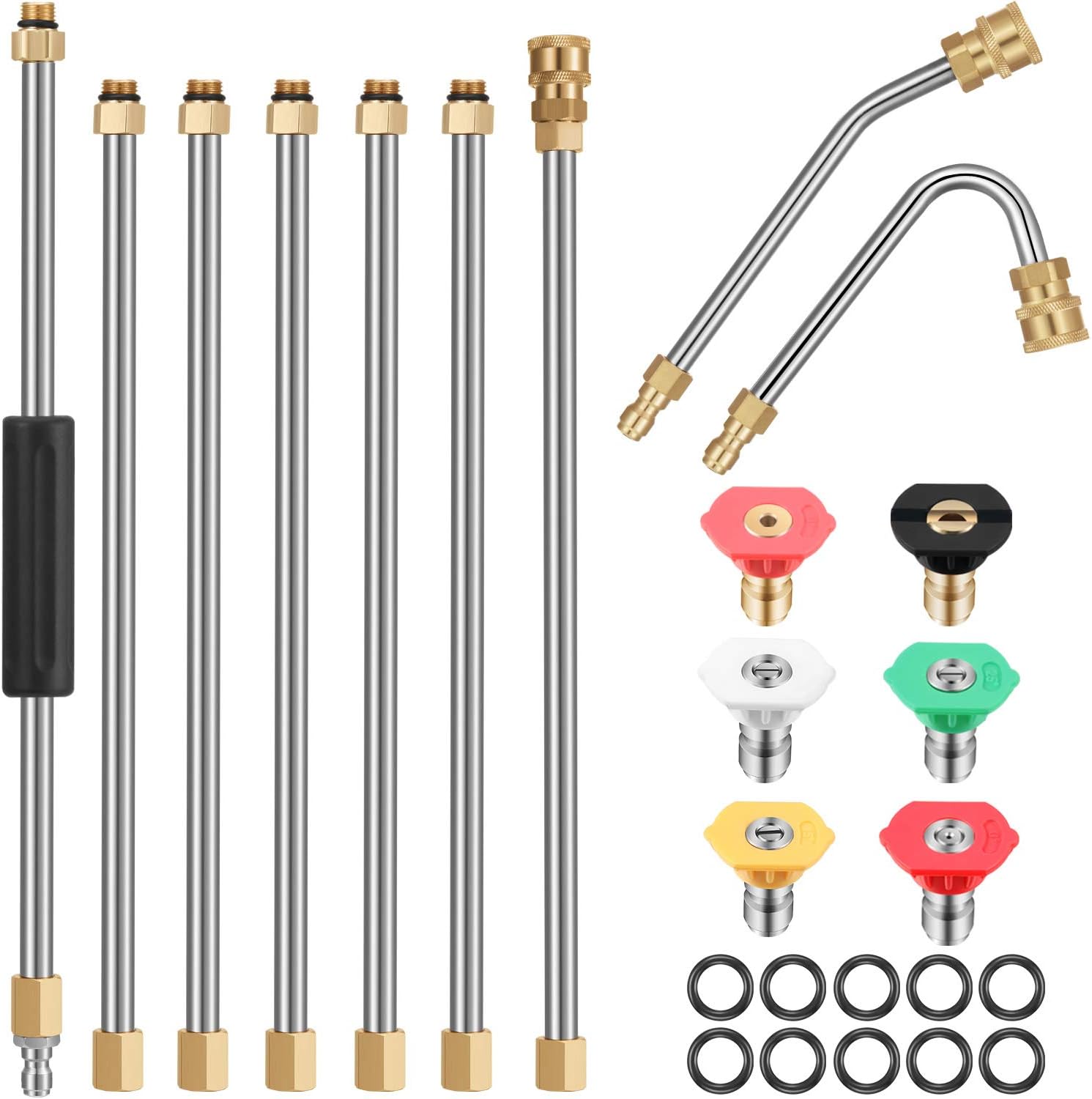 7 varillas de extensión para lavadora a presión de 10 pies, 2 varillas curvadas de 30 o 120 grados, 6 puntas de boquilla de pulverización y 10