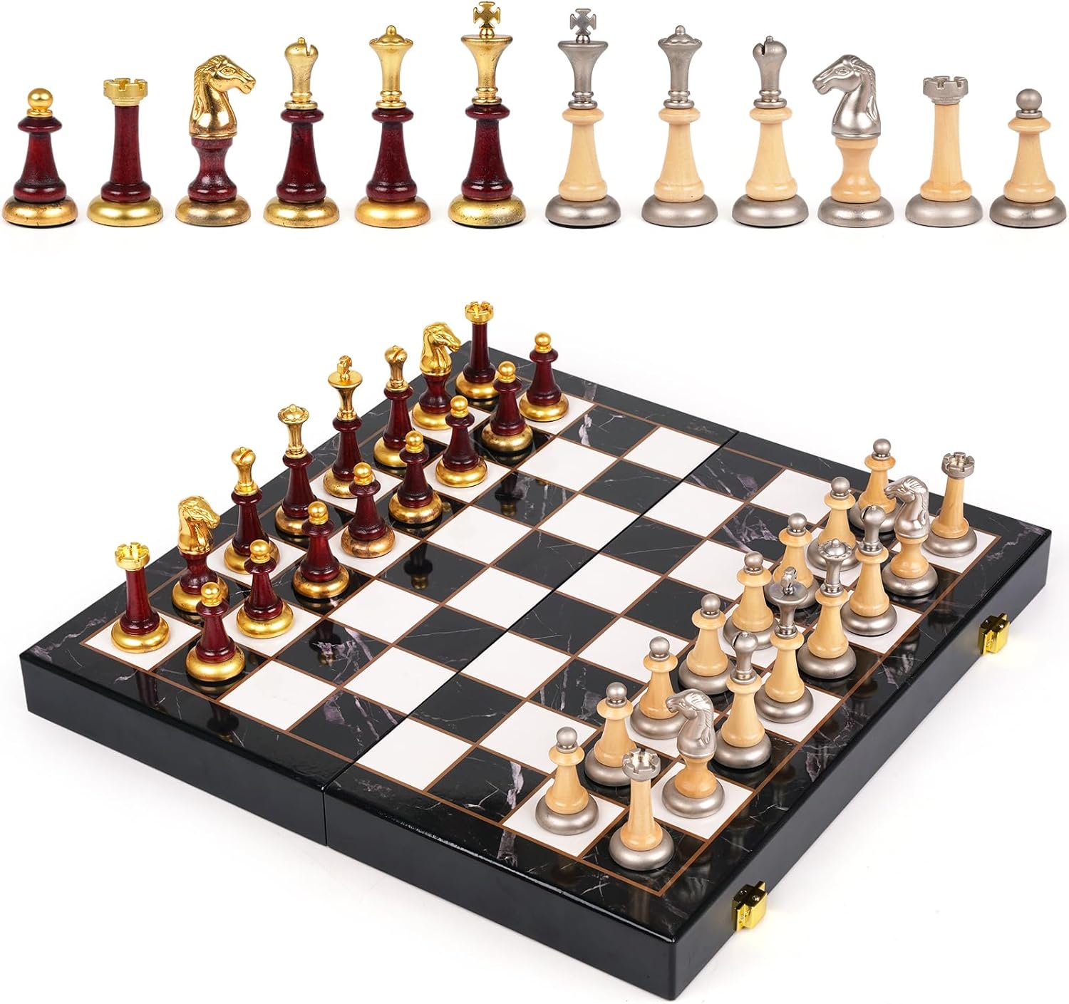 Juego de ajedrez de madera+metal para adultos y niños – Tablero de ajedrez de mármol con piezas de ajedrez – Juegos de ajedrez de viaje portátiles