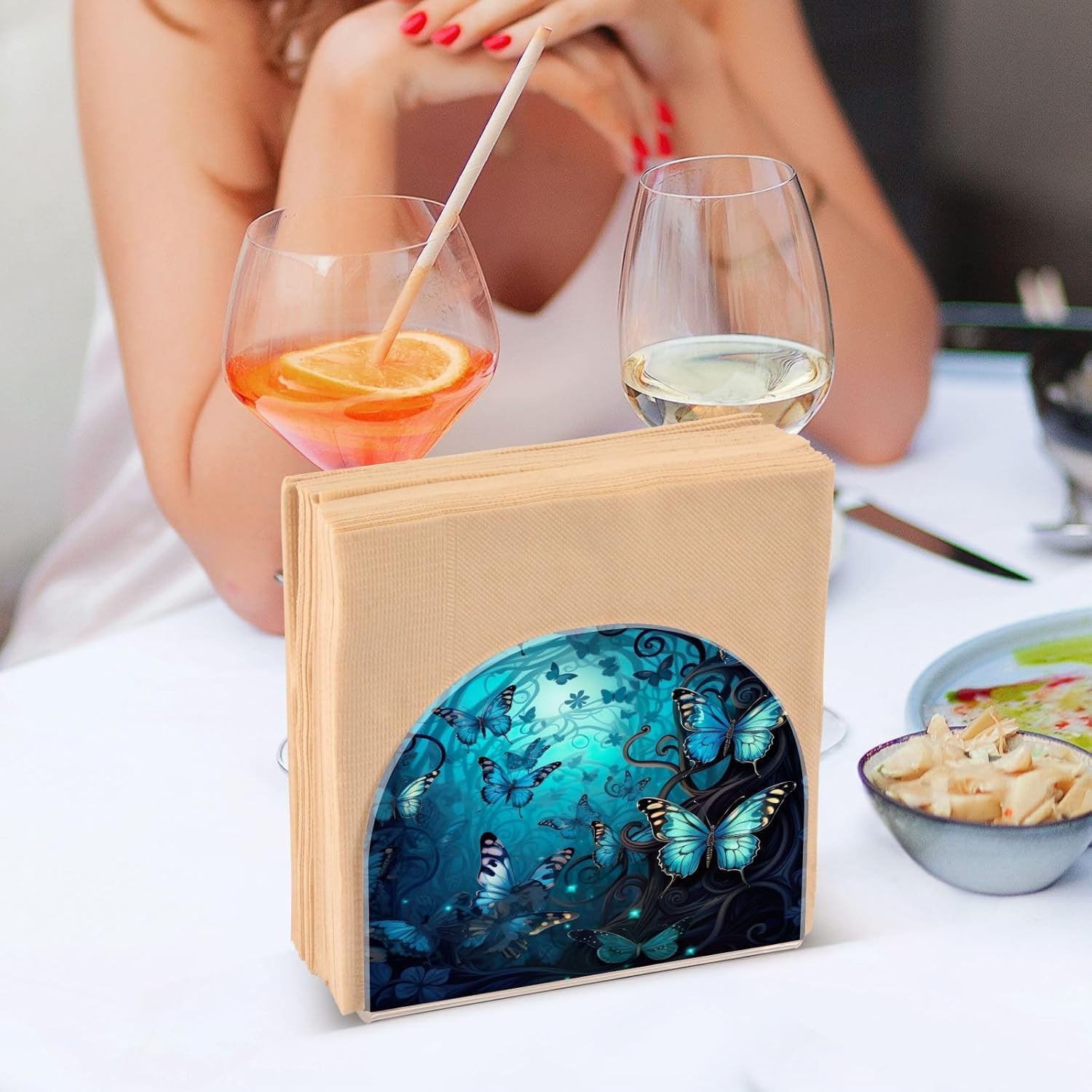 Napkin Holder Blue Butterflies Napkin Holders for Tables, Clear Acrylic Napkin Holders Cocktail Napkin Holder for Kitchen Restaurant Bar Home Decor