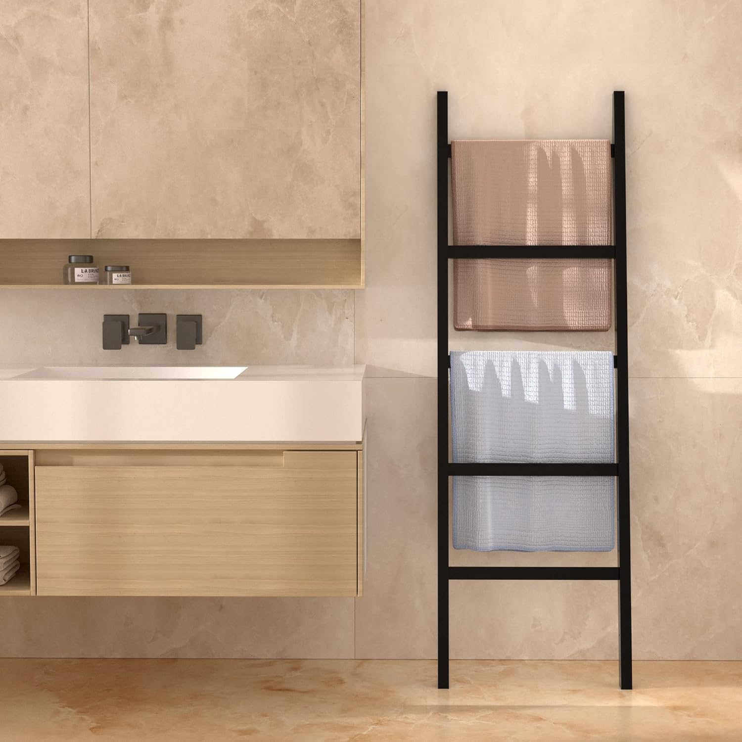 Escalera para mantas, 5 niveles de bambú elegante soporte para manta de pared, 60 pulgadas de granja y decoración rústica del hogar para salas de