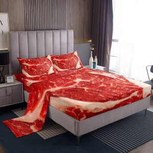 Feelyou Juego de sábanas de carne cruda tamaño King, sábanas de alimentos con bolsillo profundo, sábanas bajeras de Beaf para niños y niñas, juego Feelyou Juego de sábanas de carne cruda tamaño King, sábanas de alimentos con bolsillo profundo, sábanas bajeras de Beaf para niños y niñas, juego