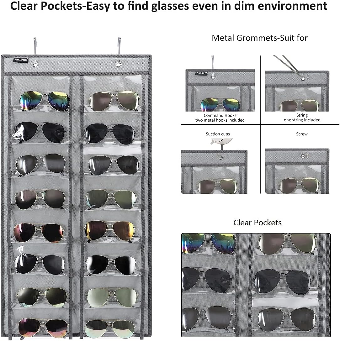 Organizador de lentes de sol para colgar sobre la puerta, con 16 bolsillos transparentes