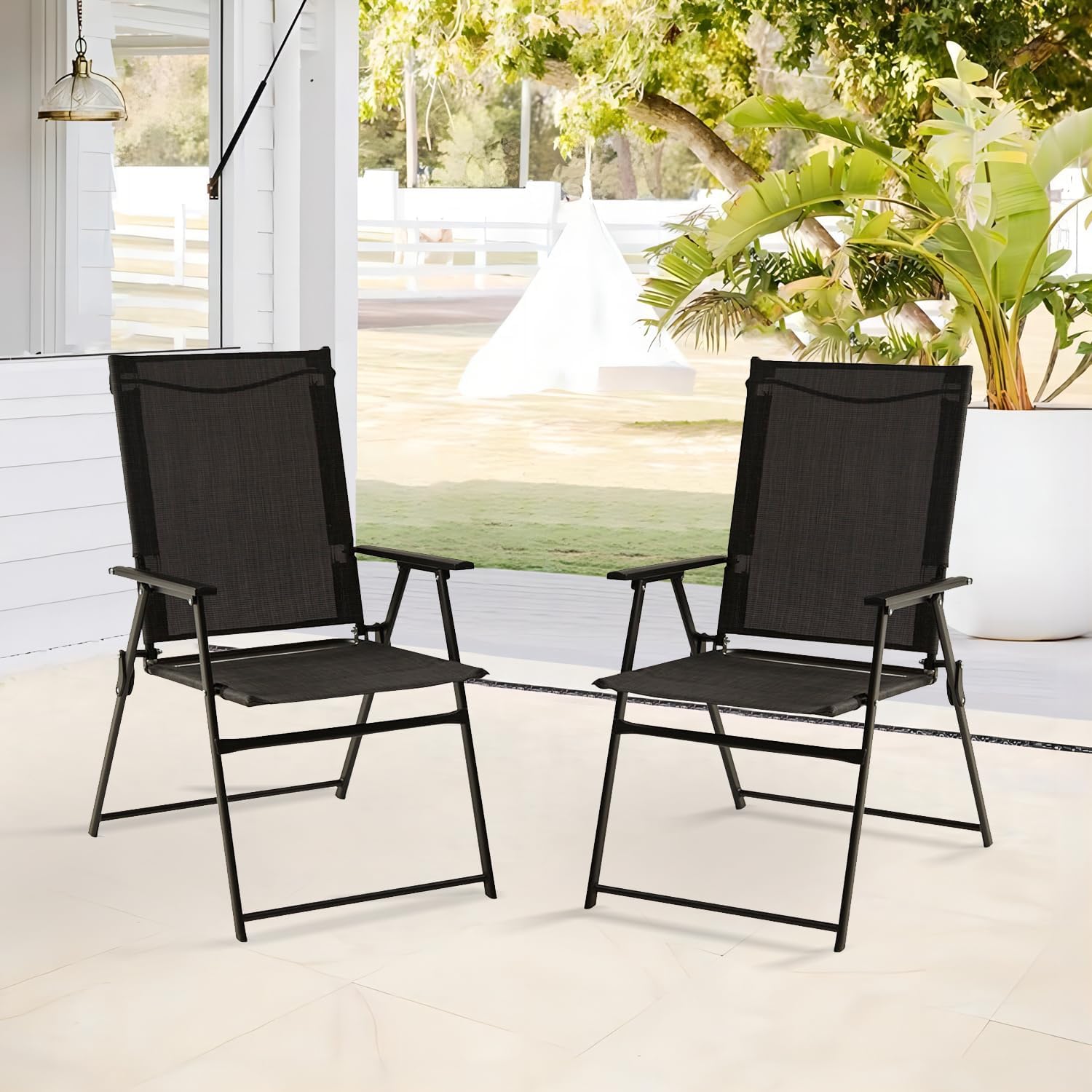 VICLLAX 2 sillas plegables para patio, sillas de comedor portátiles al aire libre para césped, jardín y porche, color negro