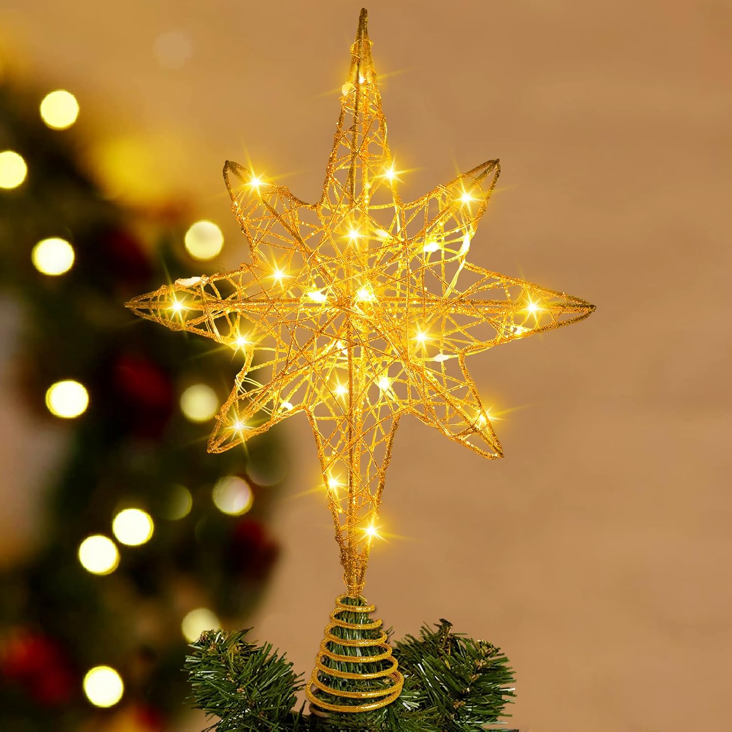 DULEFUN Decoración para árbol de Navidad iluminada de 13.5 pulgadas con 20 luces LED, adorno para árbol de Navidad para Año Nuevo, vacaciones,