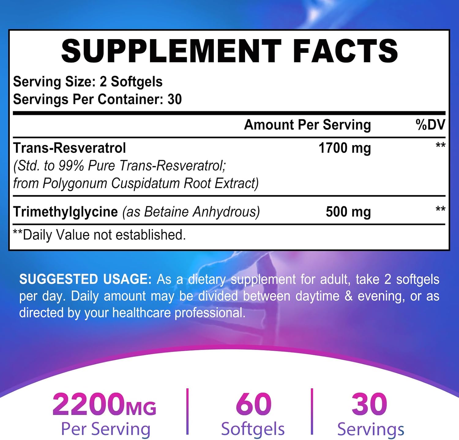 Liposomal 2200 mg de alta dosis de gel suave, trans-resveratrol 1700 mg + TMG 500 mg, potente antioxidante para antienvejecimiento, salud de la