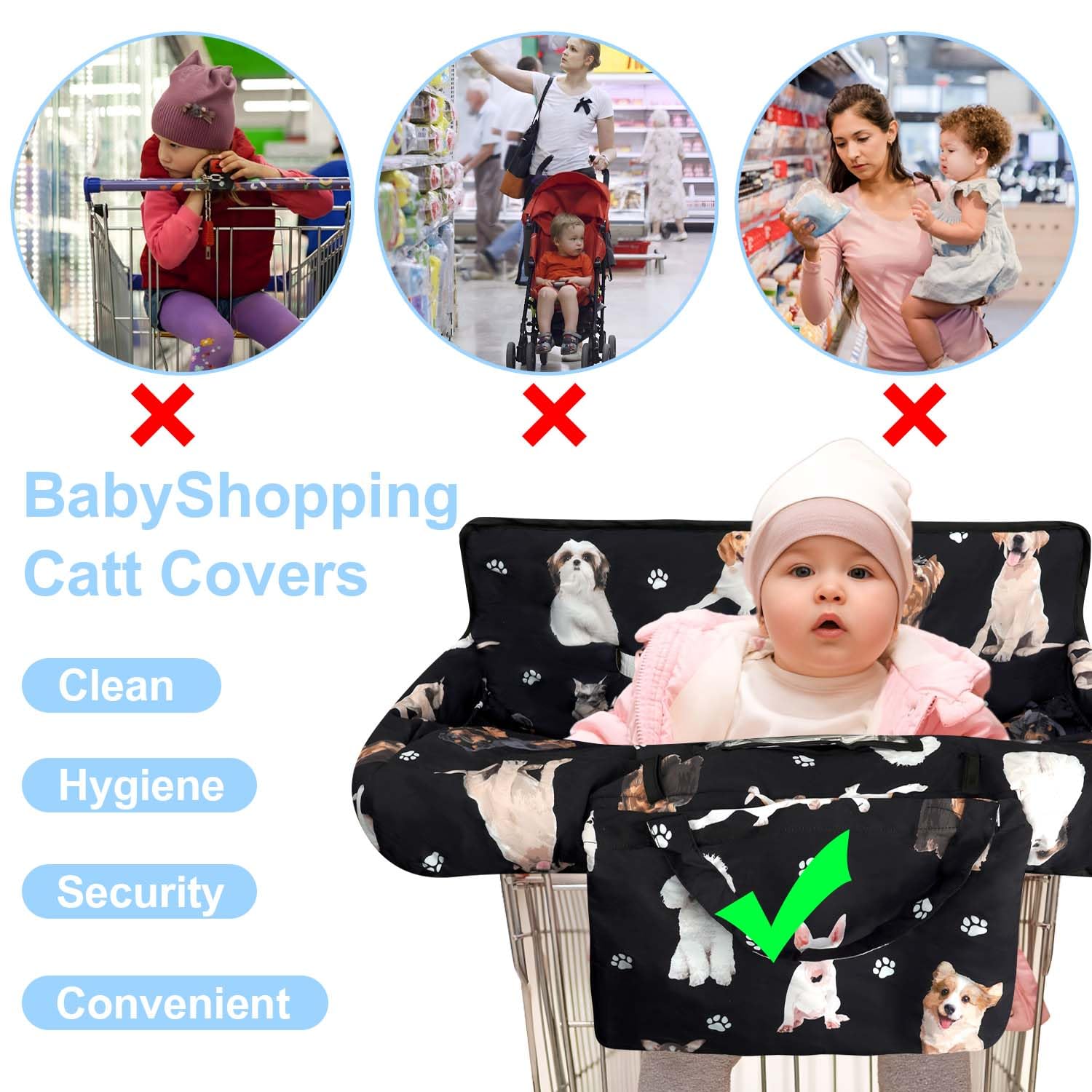 Funda negra para carrito de compras para bebé, funda para silla alta 2 en 1, con arnés de seguridad, multifuncional, patrón de perro, fundas para