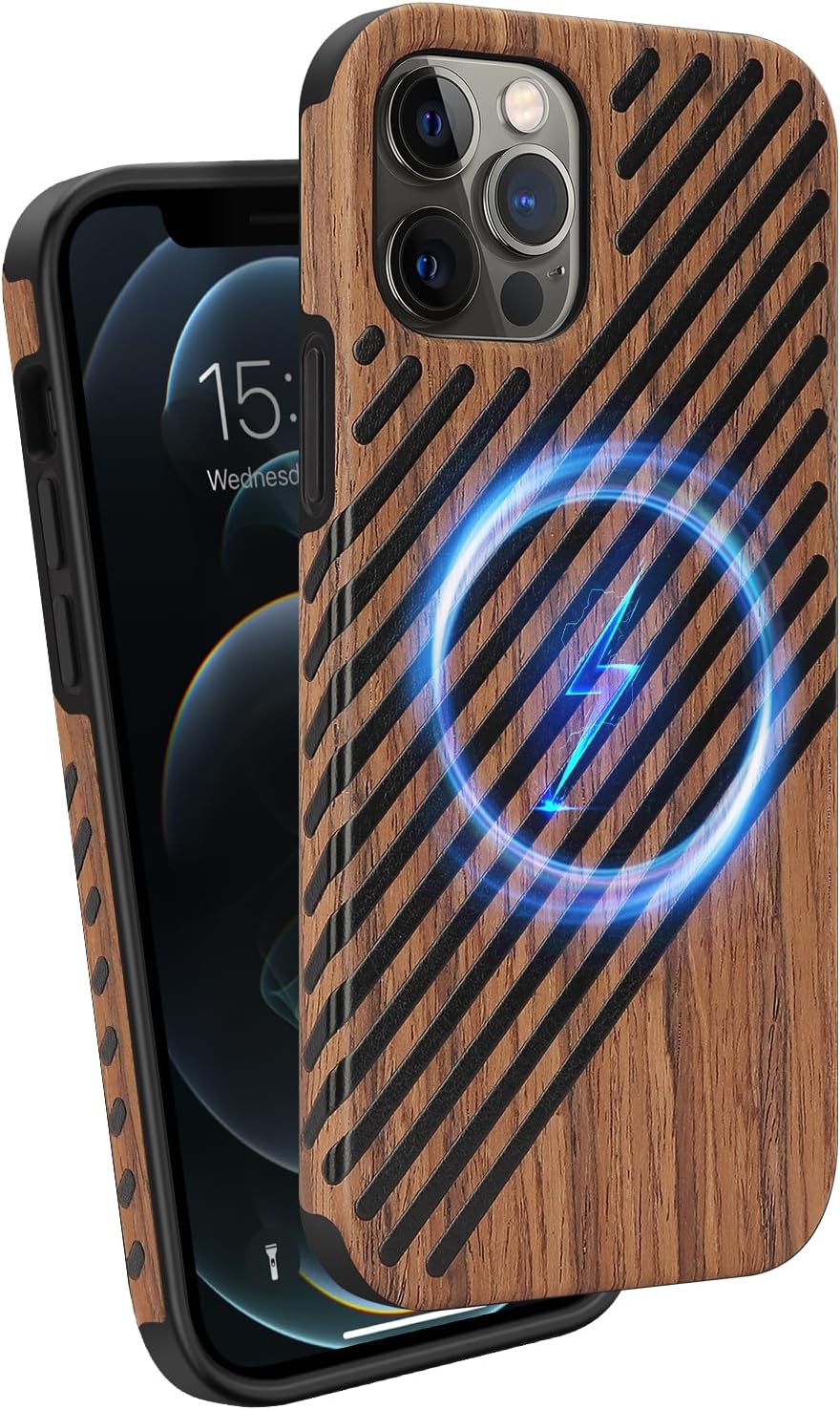 ZZDZZ Funda magnética compatible con iPhone 12 Pro  iPhone 12 compatible con MagSafe diseño de madera y cuero, funda híbrida de TPU a prueba de