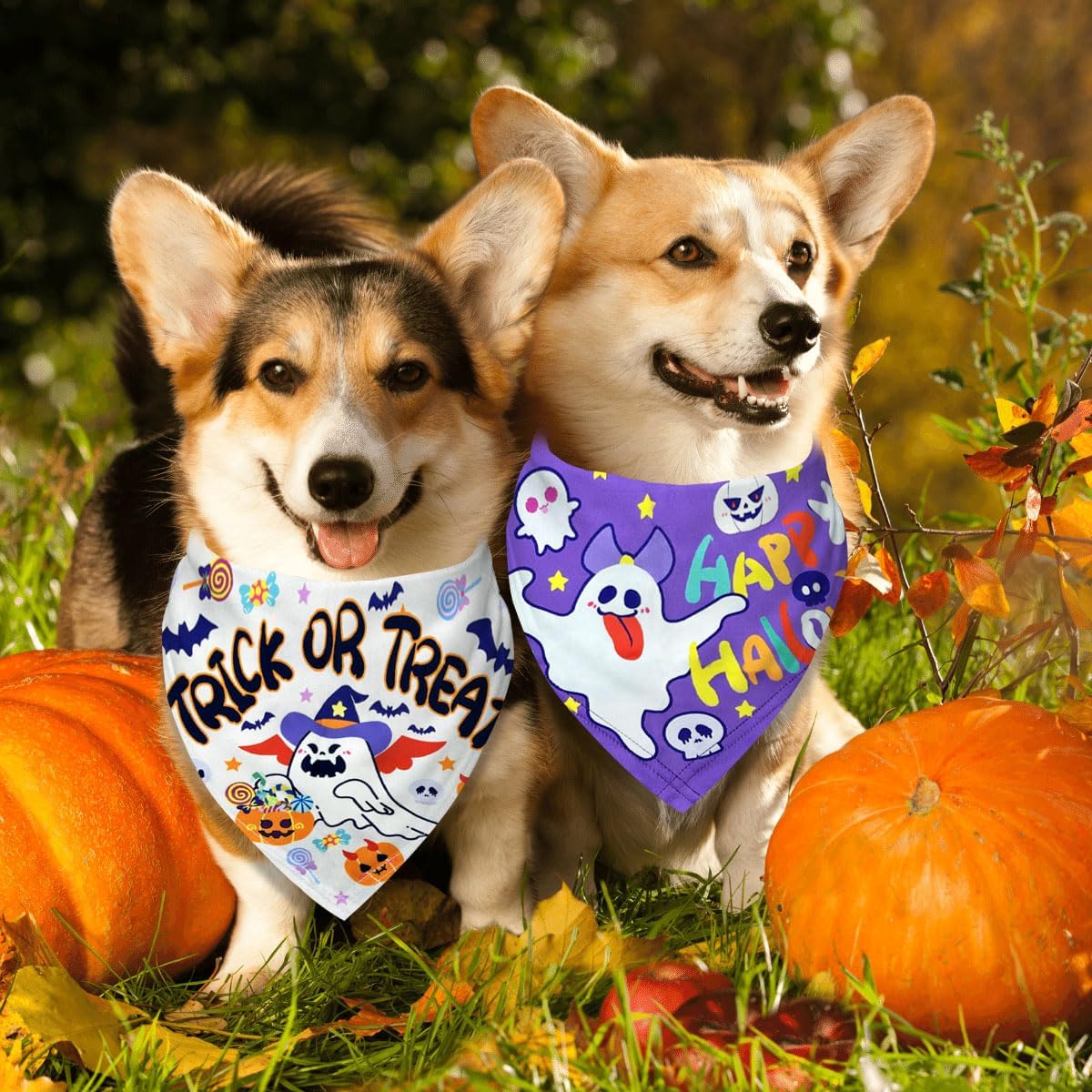 Bandanas para perros de Halloween, paquete de 2 bandanas con temática de “Happy Halloween” y “Trick or Treat”, de tela duradera, adecuadas para