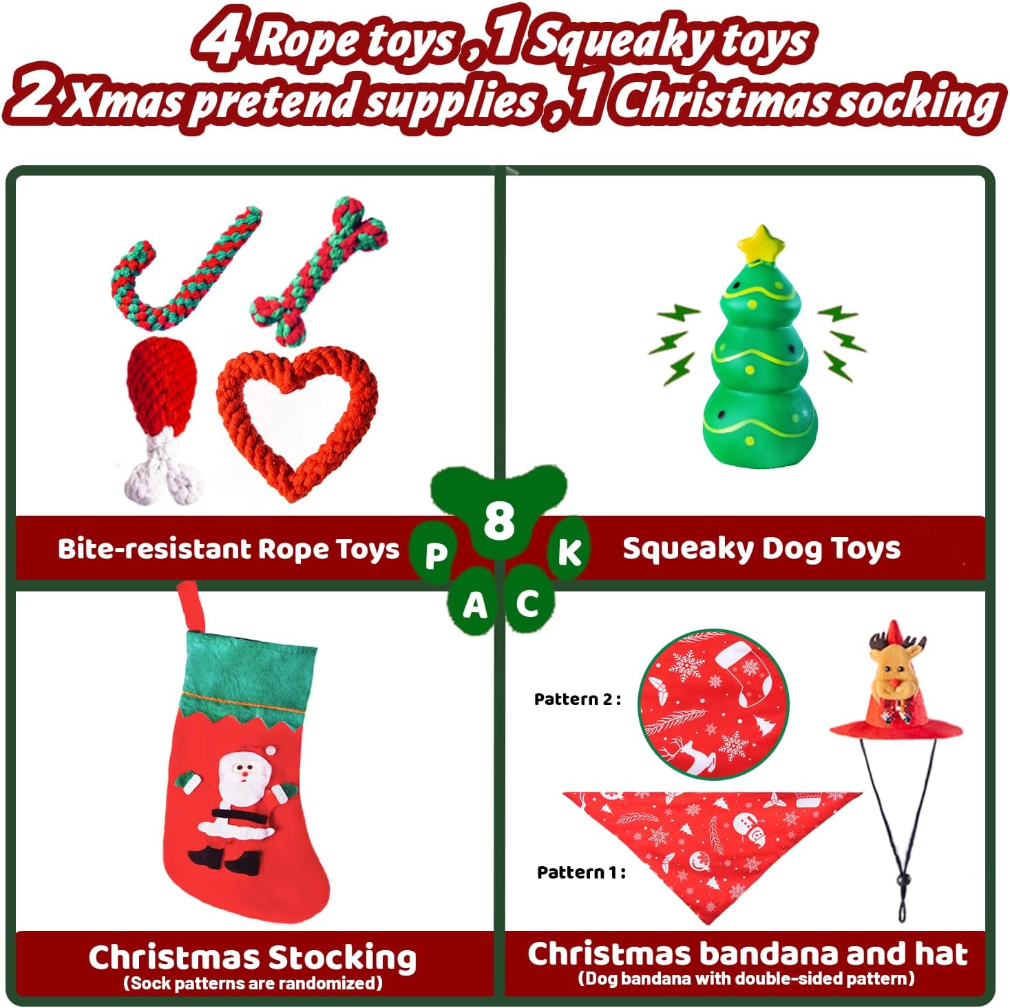 8 piezas de juguetes de Navidad para perros, regalos para perros pequeños y medianos con sombrero y pañuelo, calcetines de Navidad para perros con