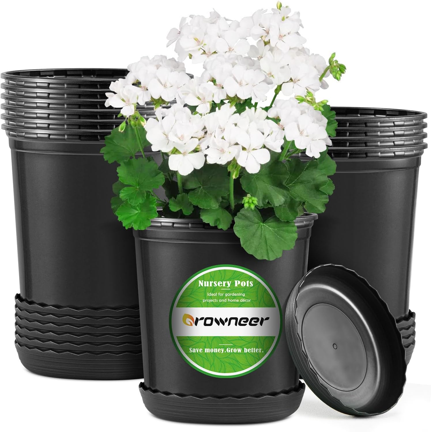 GROWNEER Juego de 12 macetas flexibles de 6 pulgadas de 1 galón para plantas, macetas con orificio de drenaje y platillo, contenedor para plantas de