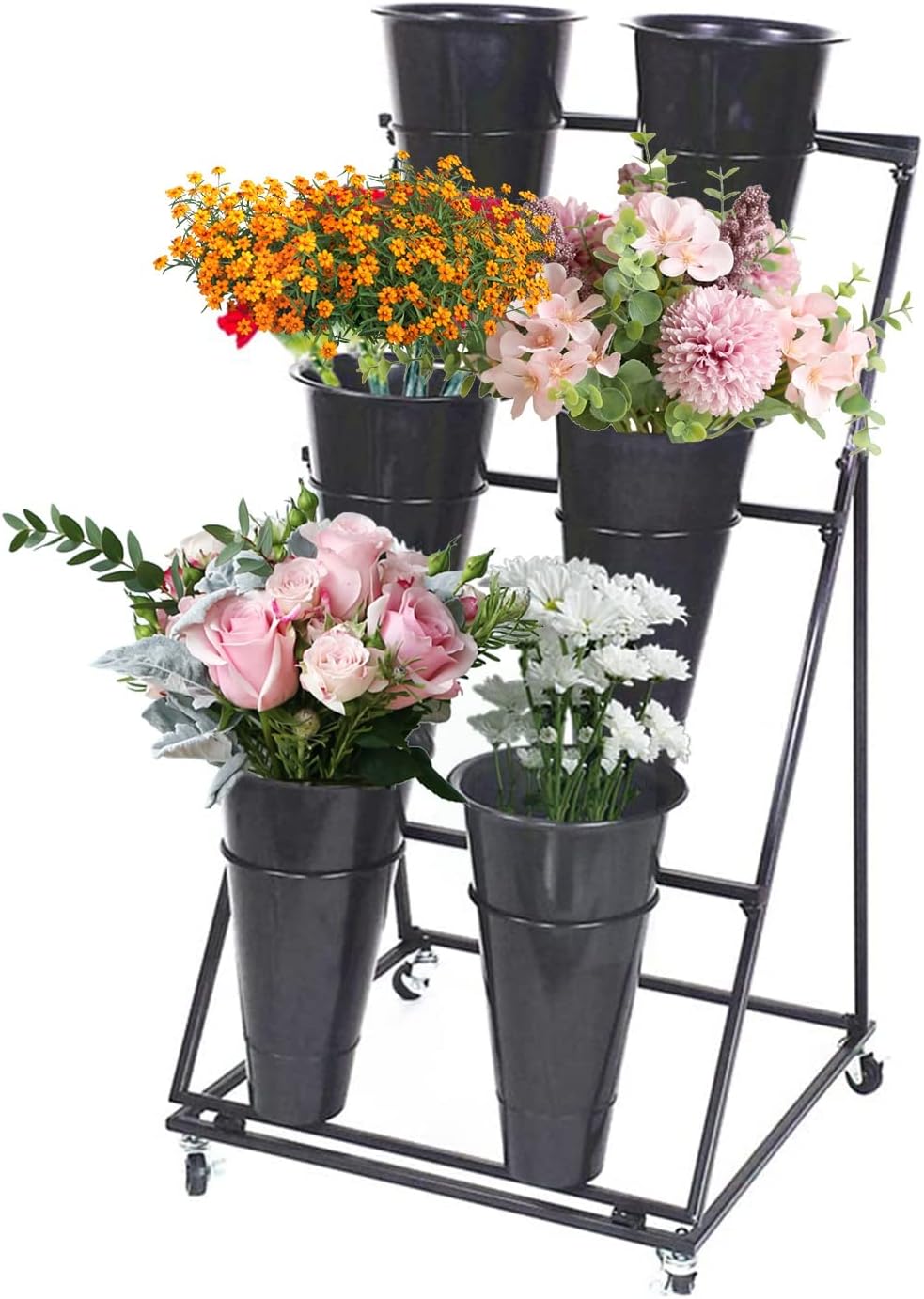 Soporte de exhibición de flores, estante móvil para carrito de plantas con ruedas, con cubos de plástico, fácil de instalar, soporte escalonado para