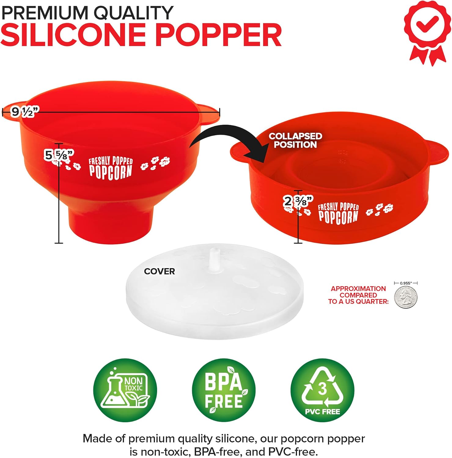 Palomitas de maíz de silicona para microondas (rojo) para hacer palomitas de maíz, no requiere aceite, cuenco plegable con tapa, reutilizable, sin
